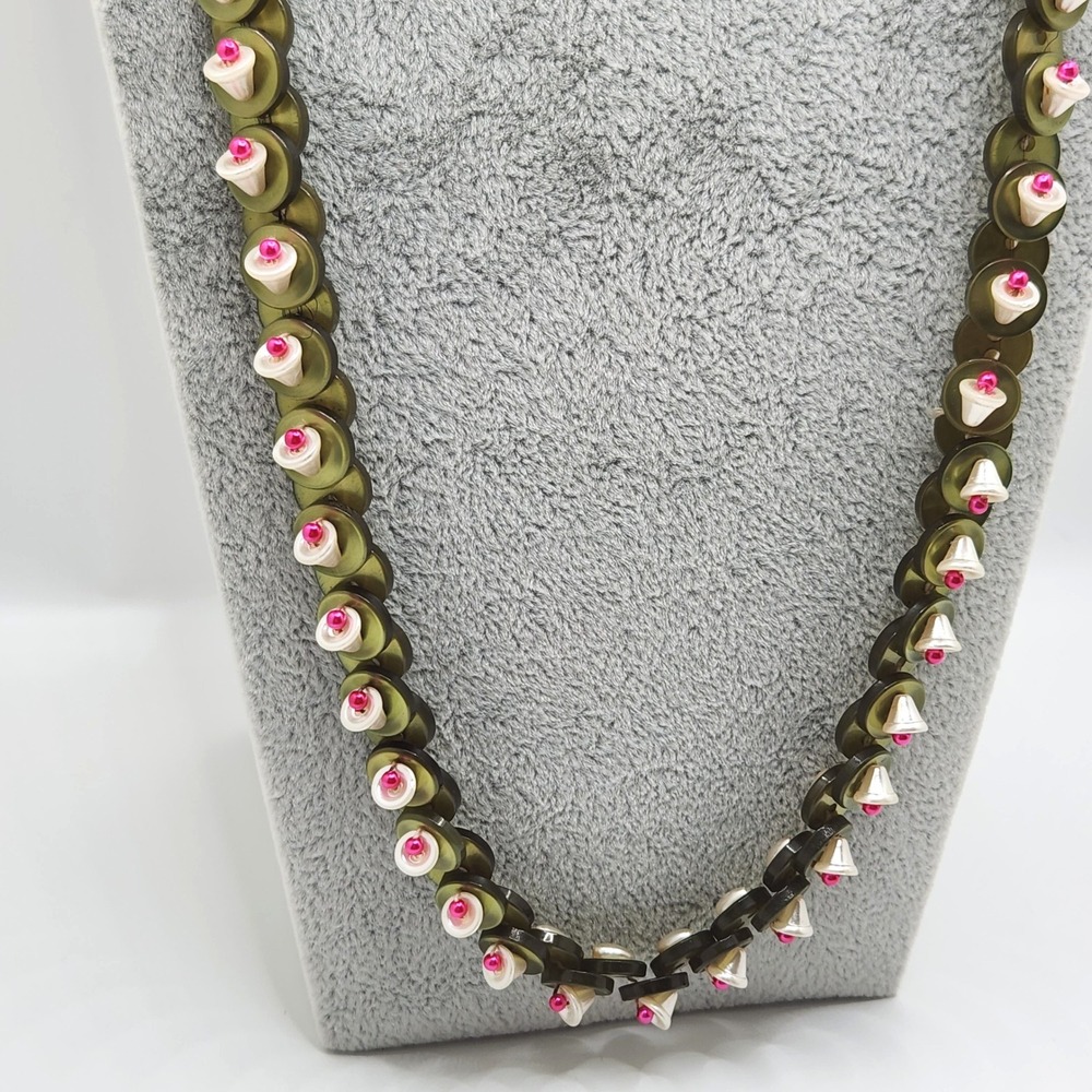 Artisan Statement Necklace White Bell Flower Olive Disc‎ Wearable Art Long 30in